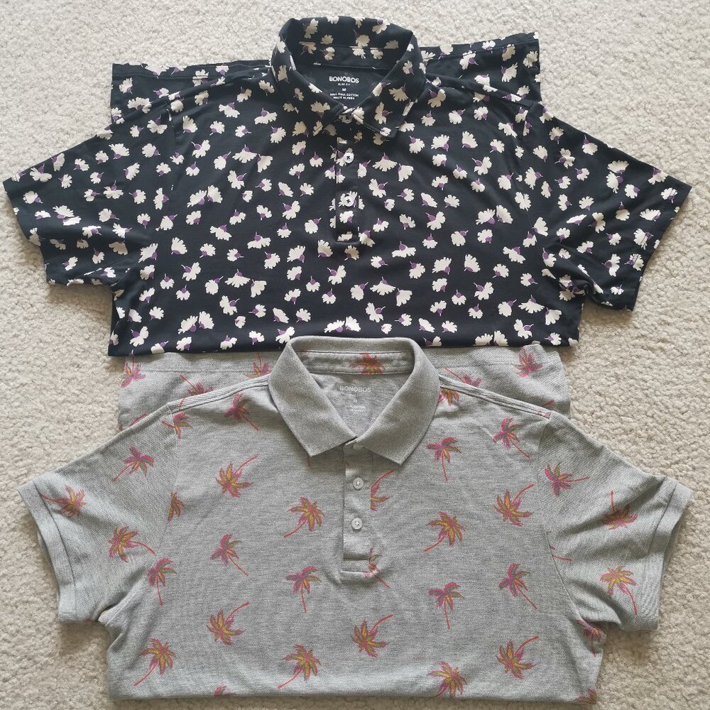 Two (2) Bonobos Polos - Jersey & Classic Pique - Black & Grey - Size M Slim fit